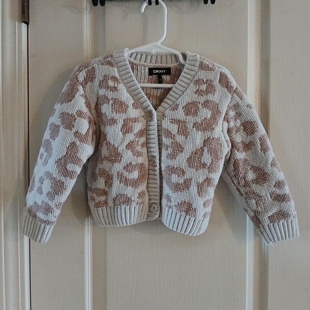 DKNY chenille knit texture leopard print cheetah cardigan sweater 3T Y2K Style